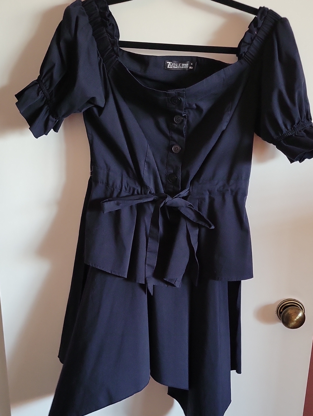 Zaful Navy Puff-Sleeve High-Low Button Top